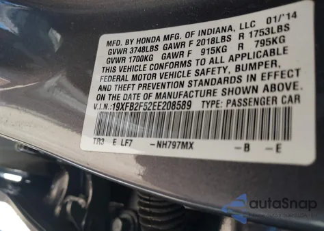 2014 Honda Civic Lx z USA, uszkodzony, nr VIN 19XFB2F52EE208589